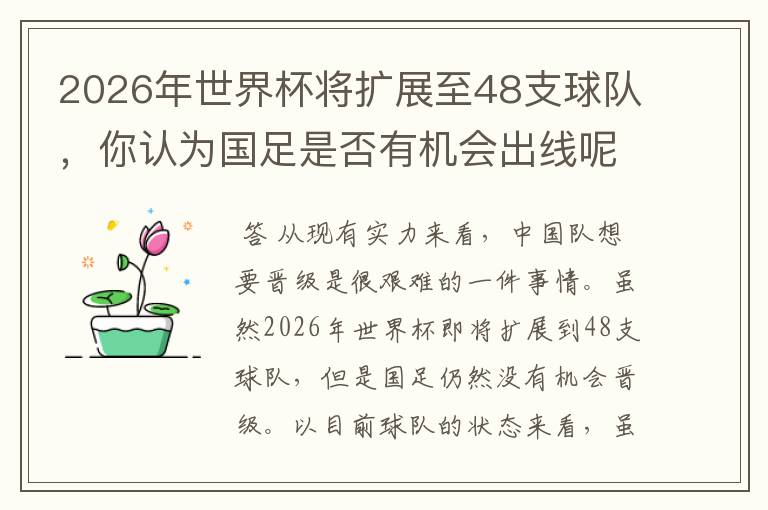 2026年世界杯将扩展至48支球队,你认为国足是否有机会出线呢?