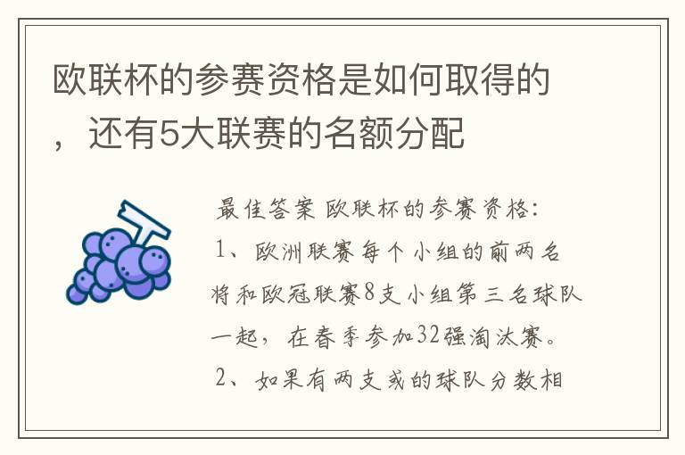 欧联杯的参赛资格是如何取得的，还有5大联赛的名额分配