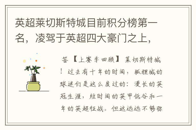 英超莱切斯特城目前积分榜第一名,凌驾于英超四大豪门之上,为什么?算逆袭吗?