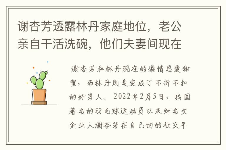 谢杏芳透露林丹家庭地位,老公亲自干活洗碗,他们夫妻间现在的感情有多好?
