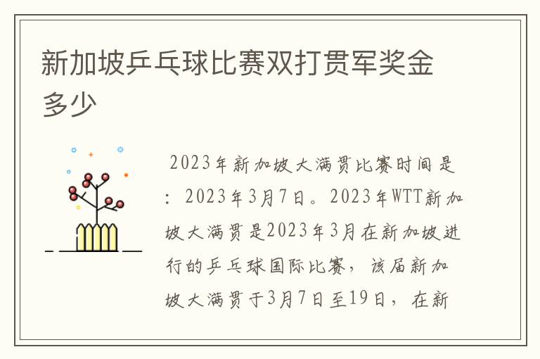新加坡乒乓球比赛双打贯军奖金多少
