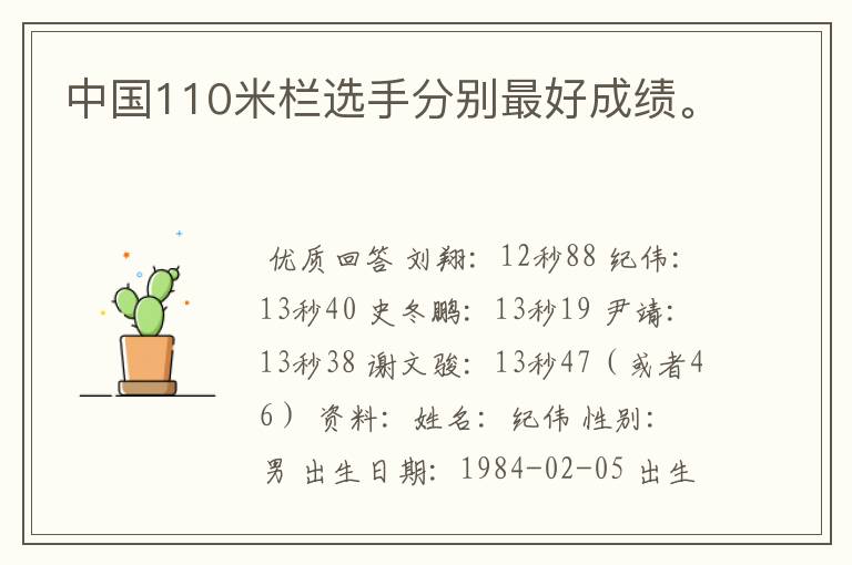 中国110米栏选手分别最好成绩。