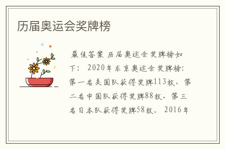 历届奥运会奖牌榜