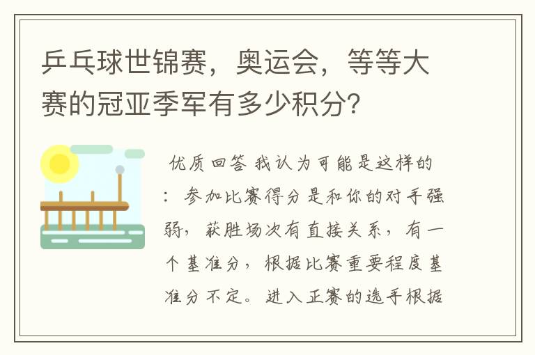 乒乓球世锦赛,奥运会,等等大赛的冠亚季军有多少积分?