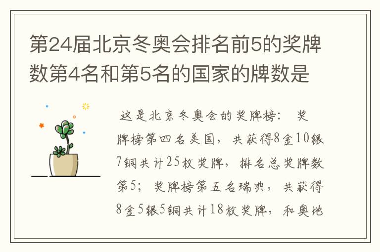 第24届北京冬奥会排名前5的奖牌数第4名和第5名的国家的牌数是多少?
