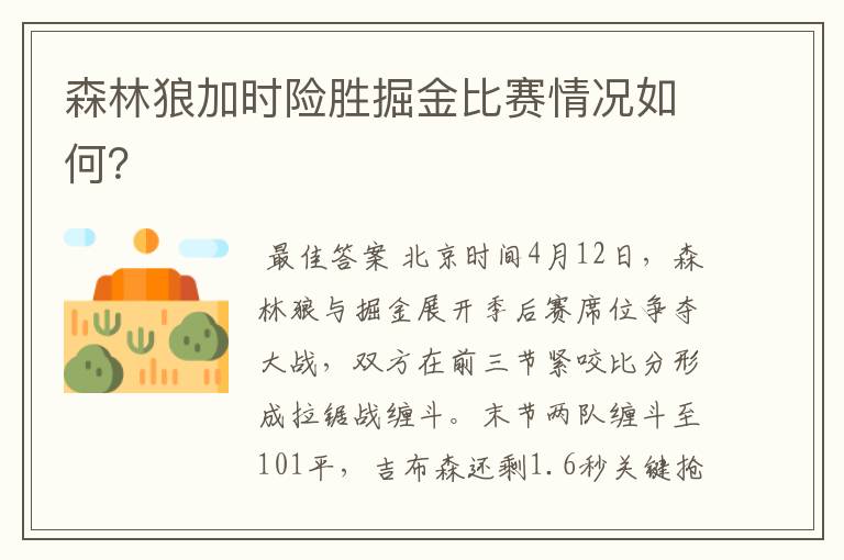 森林狼加时险胜掘金比赛情况如何?