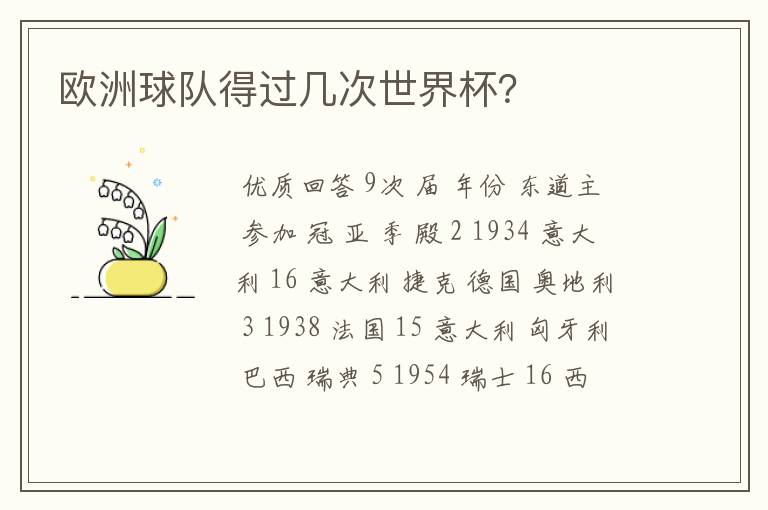 欧洲球队得过几次世界杯?
