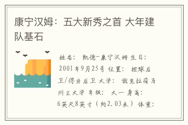 康宁汉姆:五大新秀之首 大年建队基石