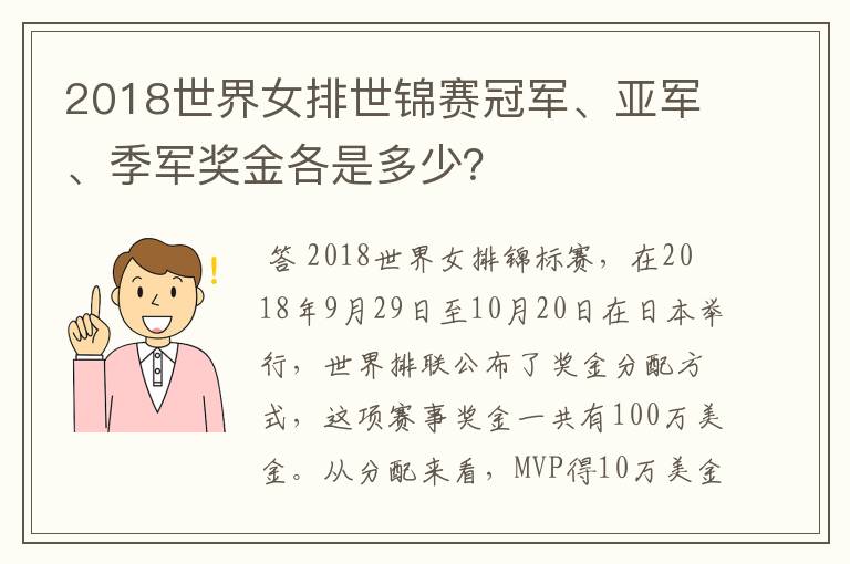 2018世界女排世锦赛冠军、亚军、季军奖金各是多少?