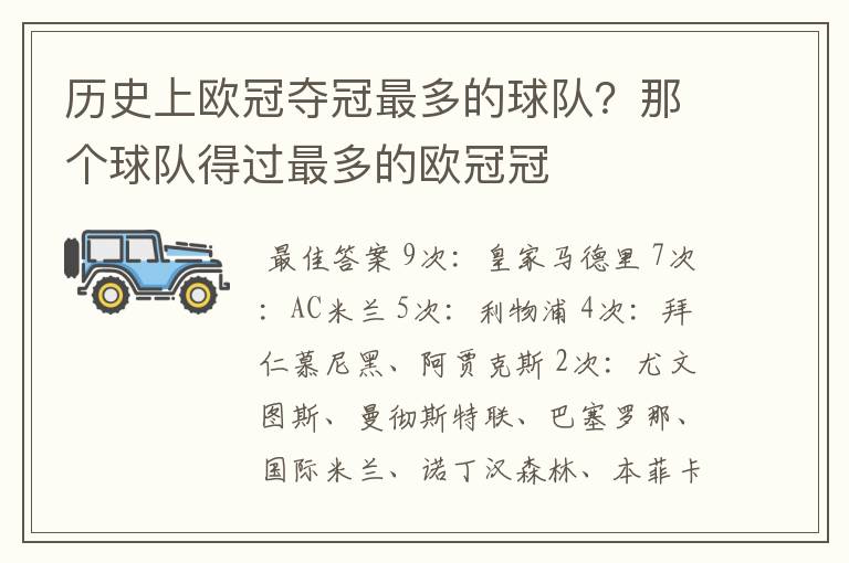 历史上欧冠夺冠最多的球队?那个球队得过最多的欧冠冠