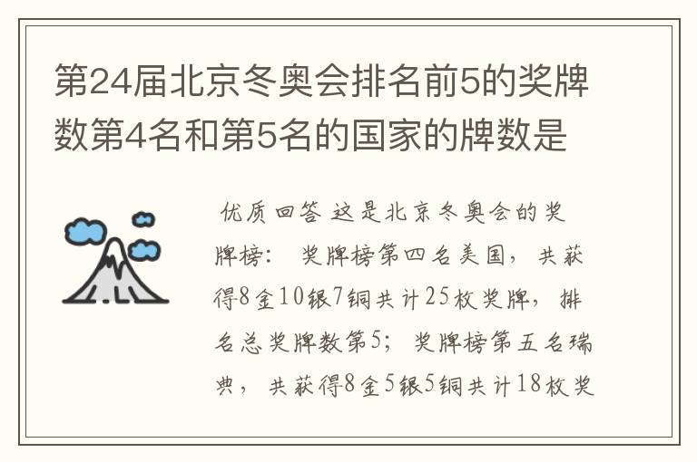 第24届北京冬奥会排名前5的奖牌数第4名和第5名的国家的牌数是多少?