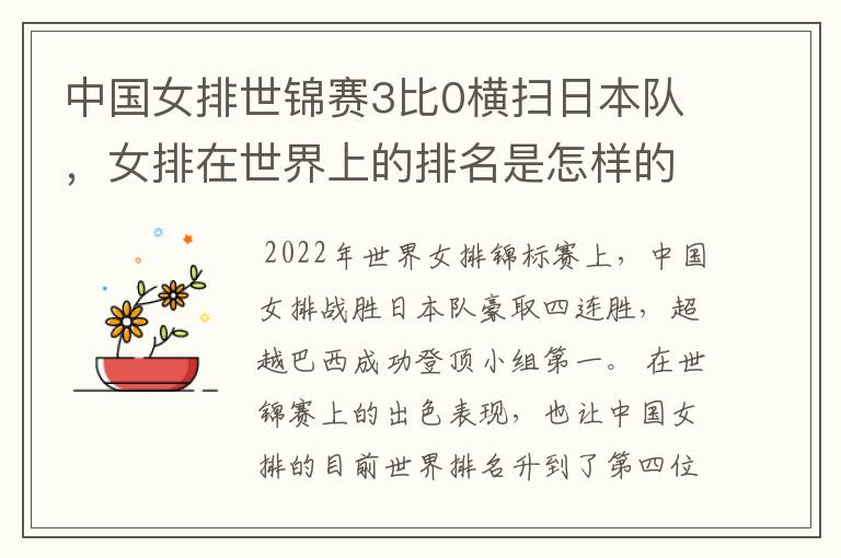 中国女排世锦赛3比0横扫日本队,女排在世界上的排名是怎样的?