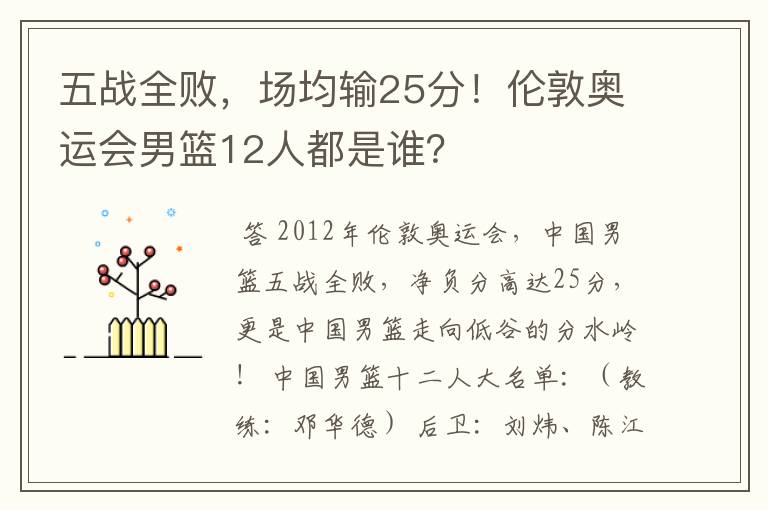 五战全败,场均输25分!伦敦奥运会男篮12人都是谁?