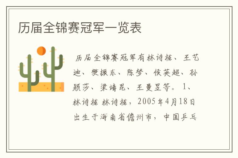 历届全锦赛冠军一览表