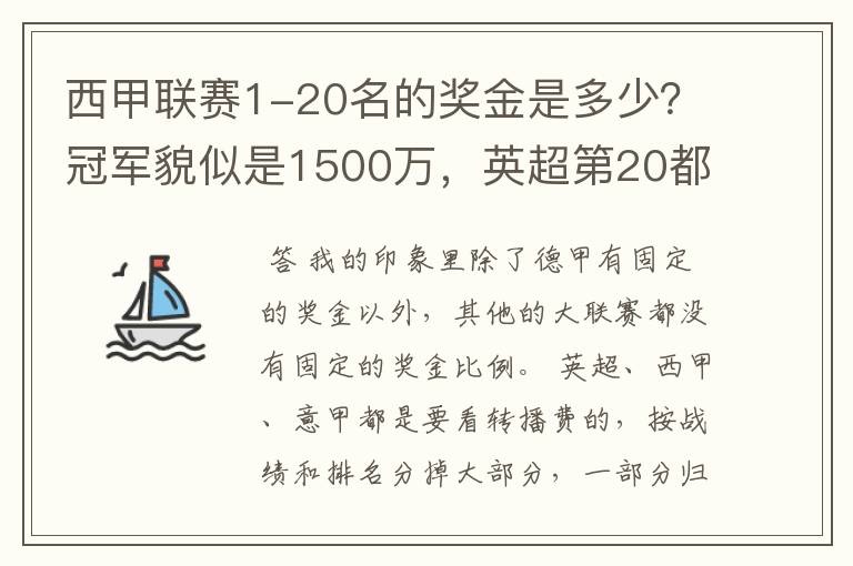 西甲联赛1-20名的奖金是多少?冠军貌似是1500万,英超第20都是4000万呀!