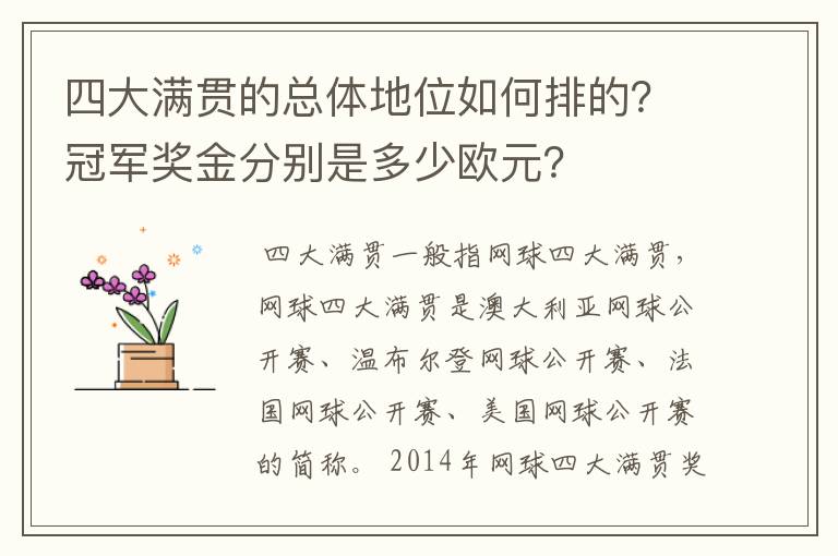 四大满贯的总体地位如何排的?冠军奖金分别是多少欧元?