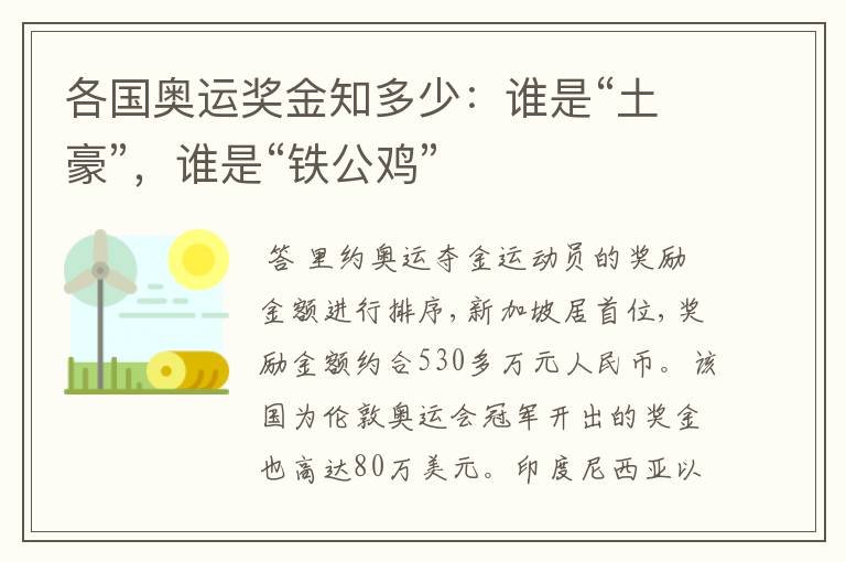 各国奥运奖金知多少:谁是“土豪”,谁是“铁公鸡”
