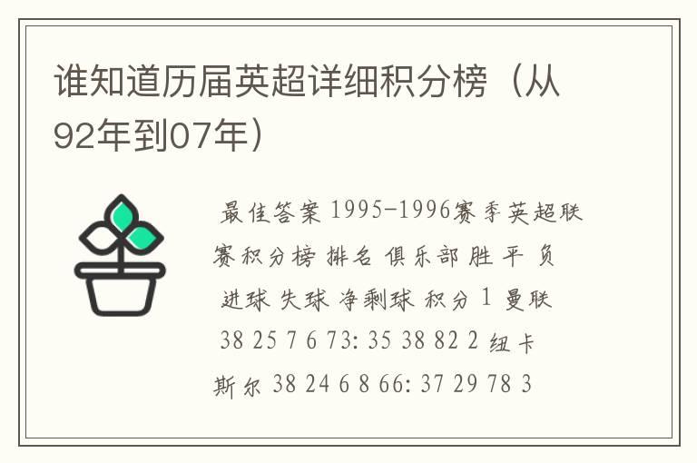 谁知道历届英超详细积分榜(从92年到07年)