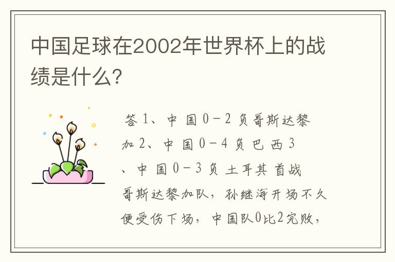 中国足球在2002年世界杯上的战绩是什么?