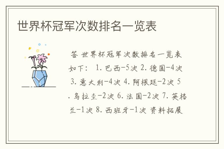世界杯冠军次数排名一览表