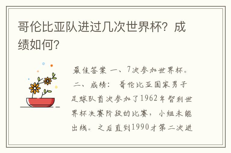 哥伦比亚队进过几次世界杯?成绩如何?
