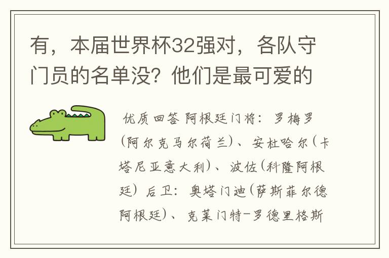 有，本届世界杯32强对，各队守门员的名单没？他们是最可爱的人