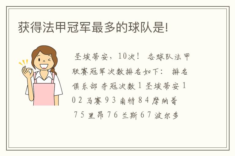 获得法甲冠军最多的球队是!