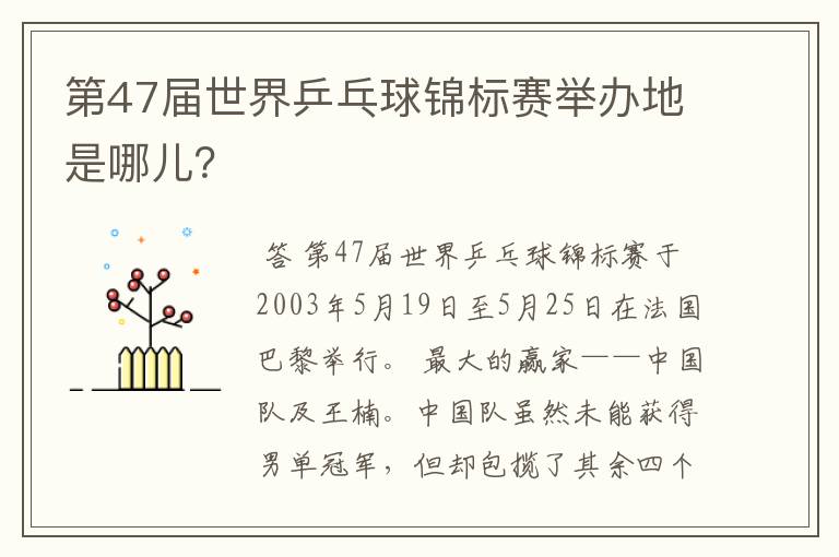第47届世界乒乓球锦标赛举办地是哪儿?