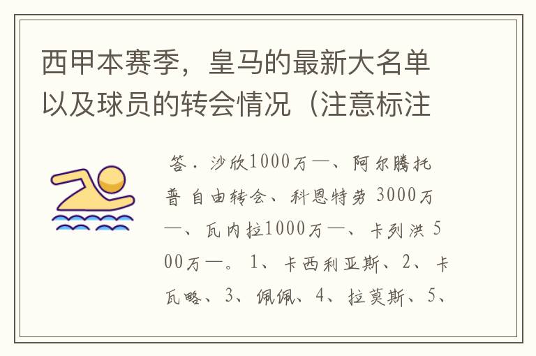 西甲本赛季,皇马的最新大名单以及球员的转会情况(注意标注球员身价)