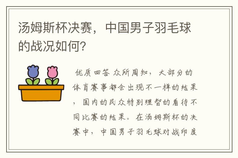 汤姆斯杯决赛,中国男子羽毛球的战况如何?