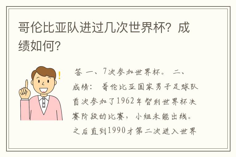 哥伦比亚队进过几次世界杯?成绩如何?
