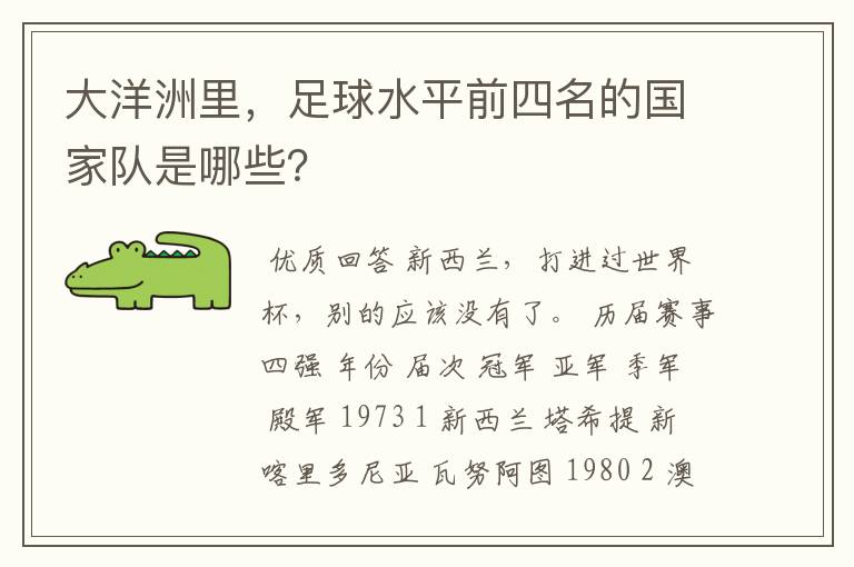 大洋洲里,足球水平前四名的国家队是哪些?