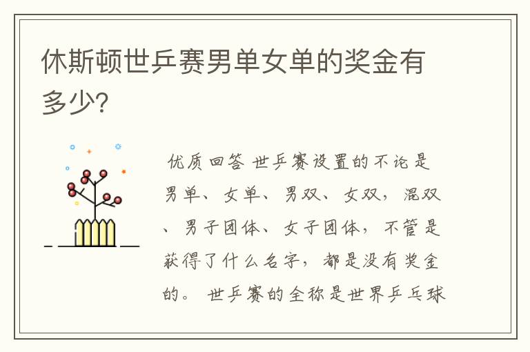 休斯顿世乒赛男单女单的奖金有多少?