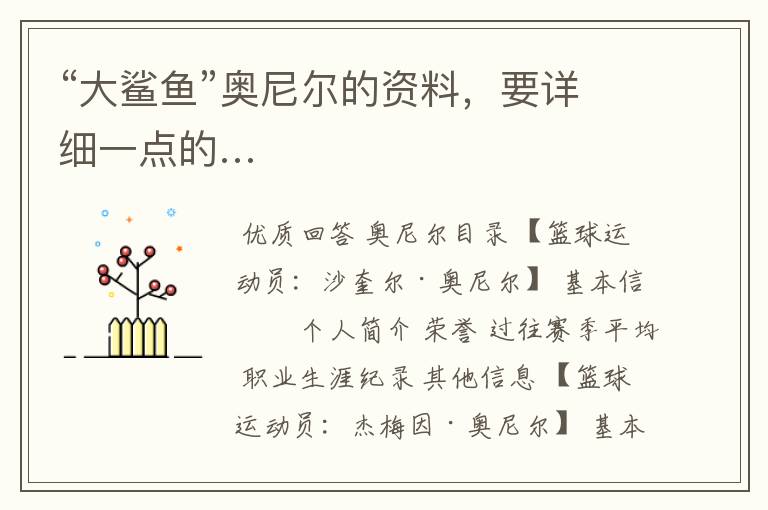 “大鲨鱼”奥尼尔的资料,要详细一点的…