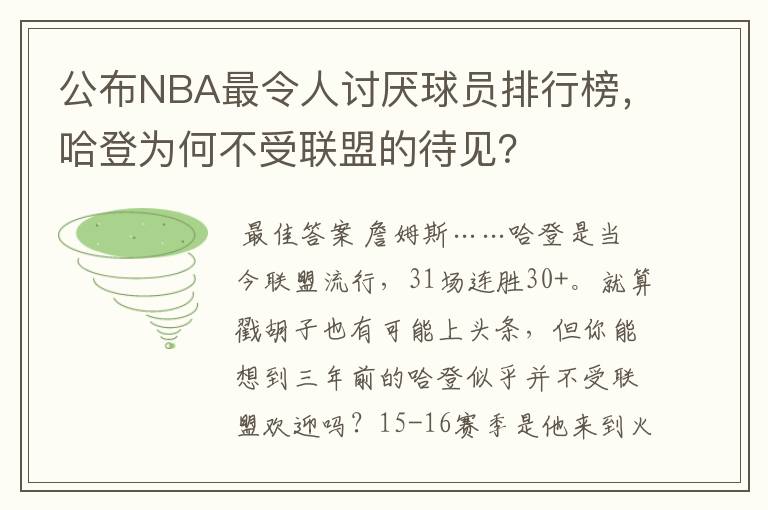公布NBA最令人讨厌球员排行榜,哈登为何不受联盟的待见?