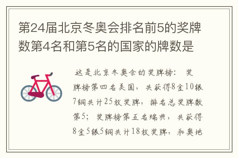 第24届北京冬奥会排名前5的奖牌数第4名和第5名的国家的牌数是多少?