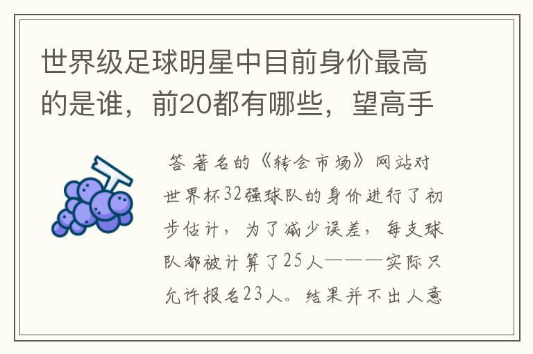 世界级足球明星中目前身价最高的是谁,前20都有哪些,望高手指点。