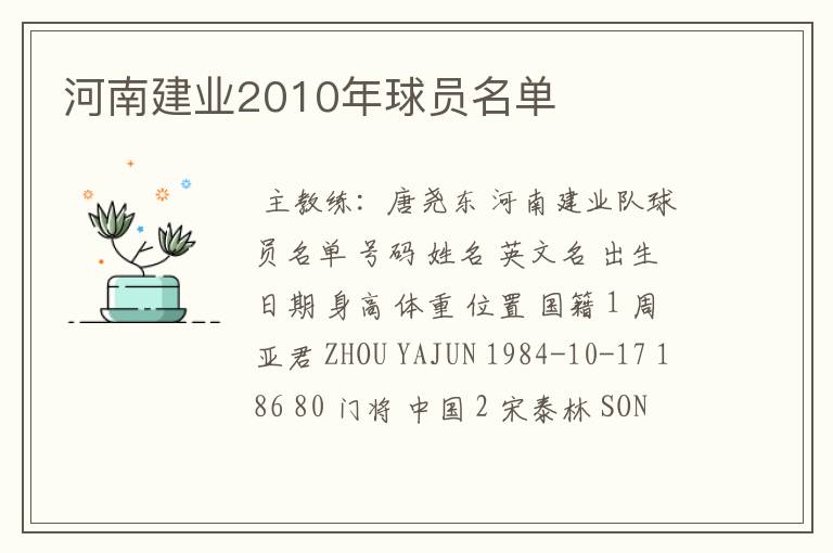 河南建业2010年球员名单