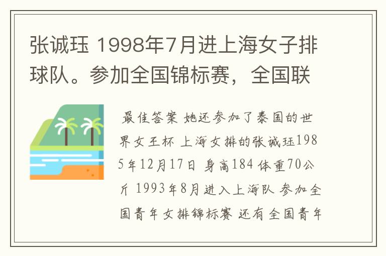 张诚珏 1998年7月进上海女子排球队。参加全国锦标赛,全国联赛。在2002年参加世界排球女王杯地点在泰国。