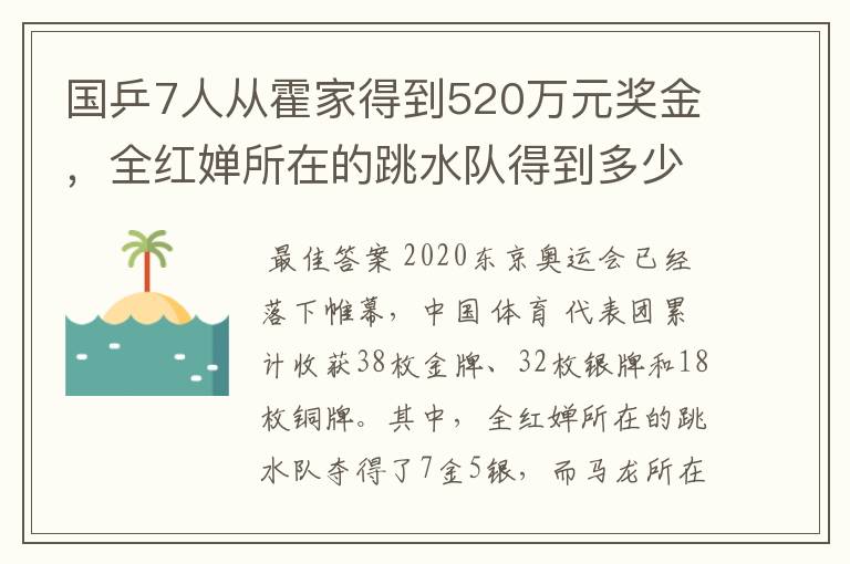 国乒7人从霍家得到520万元奖金,全红婵所在的跳水队得到多少呢?