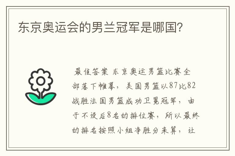 东京奥运会的男兰冠军是哪国?