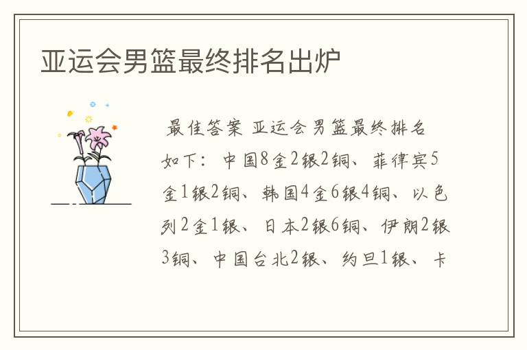 亚运会男篮最终排名出炉