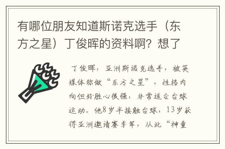 有哪位朋友知道斯诺克选手(东方之星)丁俊晖的资料啊?想了解一下他。