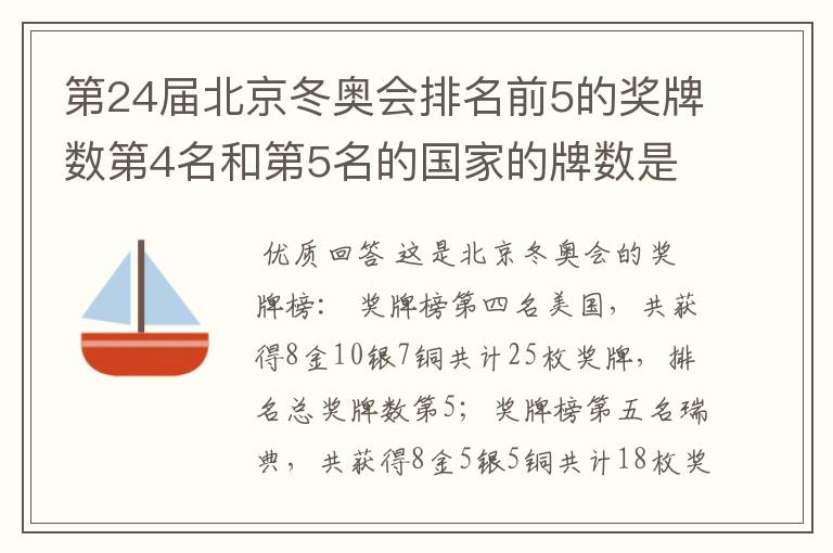 第24届北京冬奥会排名前5的奖牌数第4名和第5名的国家的牌数是多少?