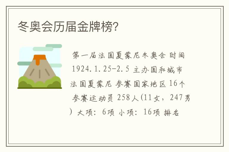 冬奥会历届金牌榜?