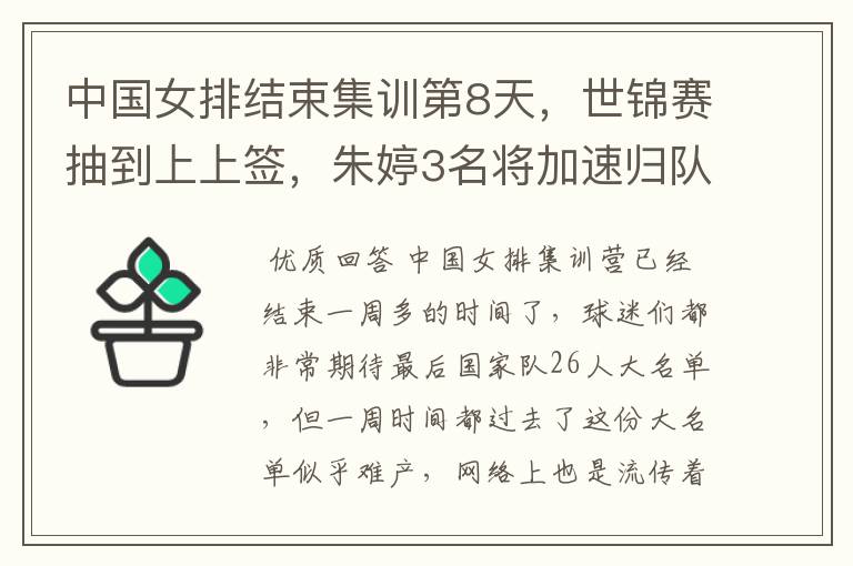 中国女排结束集训第8天,世锦赛抽到上上签,朱婷3名将加速归队