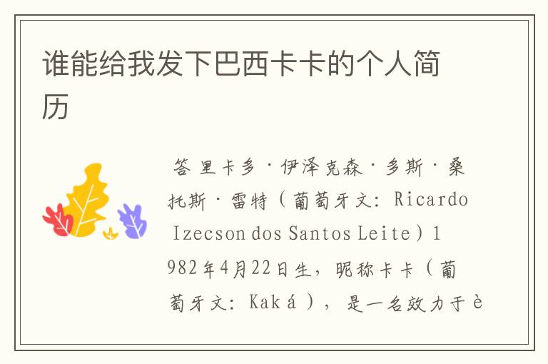 谁能给我发下巴西卡卡的个人简历