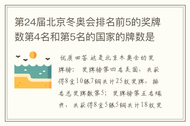第24届北京冬奥会排名前5的奖牌数第4名和第5名的国家的牌数是多少?