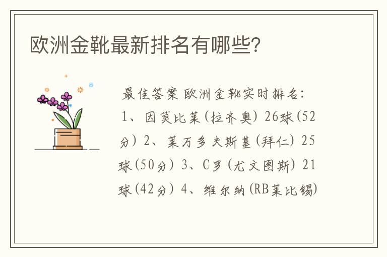 欧洲金靴最新排名有哪些?