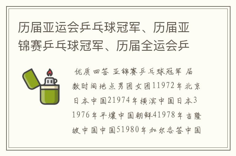 历届亚运会乒乓球冠军、历届亚锦赛乒乓球冠军、历届全运会乒乓球冠军?